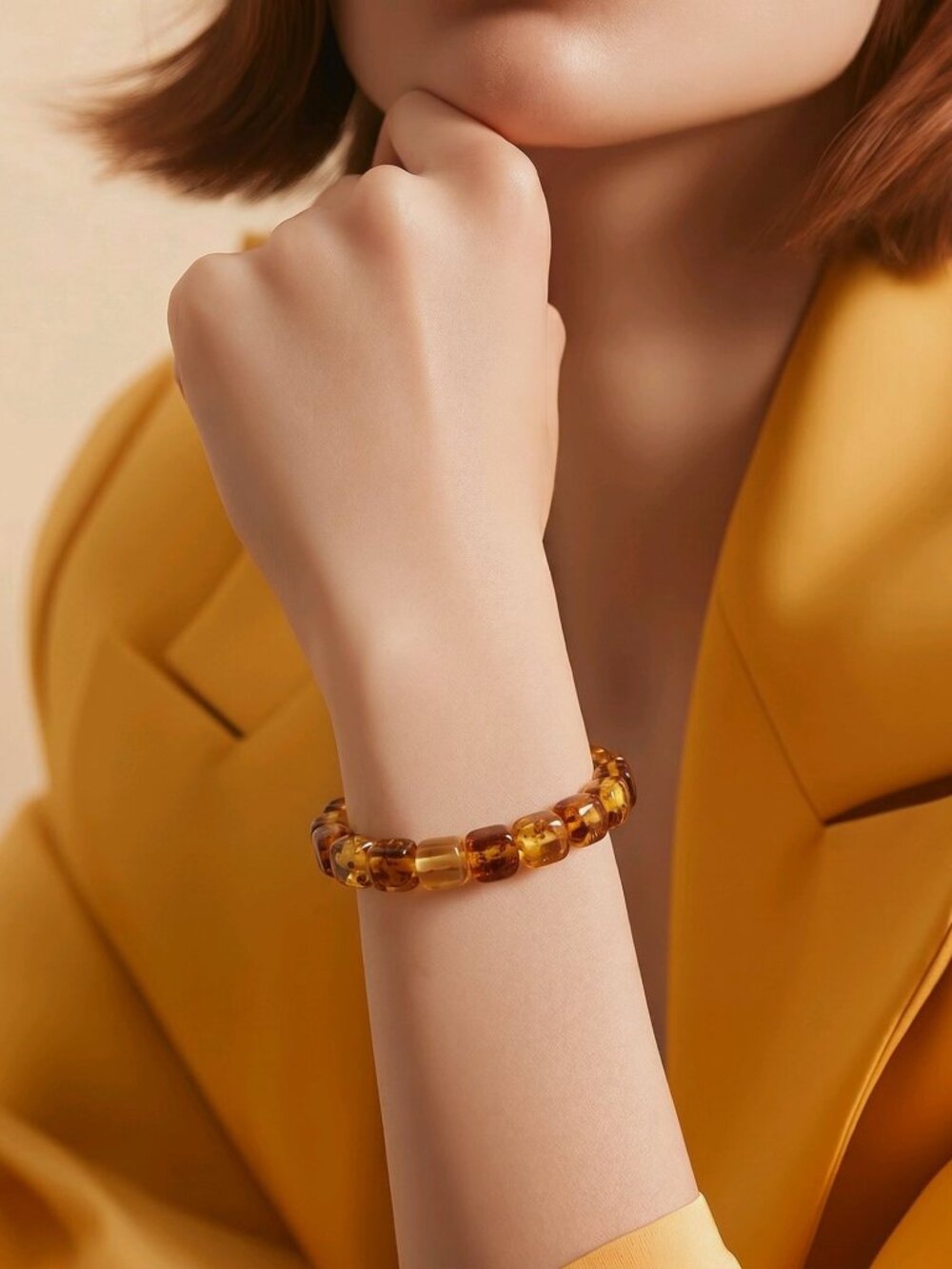 Handmade ✦ Amber Cube Bead Bracelet ✦ Honey Tone Natural Stone Stretch Design - Picture 1 of 7